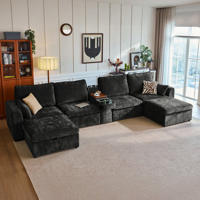 Canapé modulaire surdimensionné en U en forme de U avec canapé polyvalent en chenille surdimensionné avec console polyvalente, porte-gobelet de rangement convertible pour table d'appoint