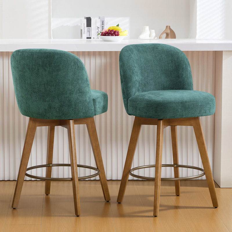 Tabouret de comptoir pivotant 26 po avec structure en bois massif et dossier moyen, Vert foncé / chenille