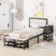 Lit plateforme simple en métal avec tablettes de rangement à deux niveaux, armoire de rangement en bois-400909698