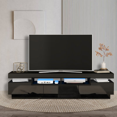 Meuble télé avec 4 tablettes ouvertes, centre de divertissement moderne ultrabrillant pour téléviseur de 75 po, meuble de rangement universel pour téléviseur avec lumières à DEL de couleur RVB 16 couleurs