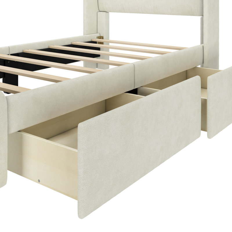 Solid Wood Upholstered Bed with Rectangular Headboard with 2 Drawer Side Storage, Twin, Cream