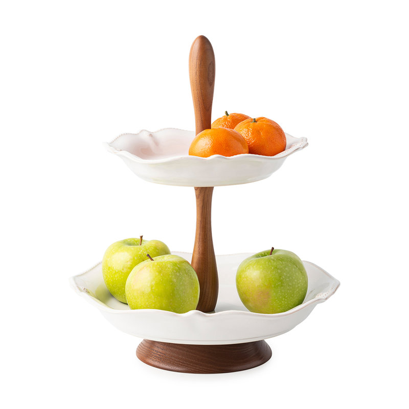 Bohemian Ash Wood & Ceramic Tiered Serving Stand - Whitewash