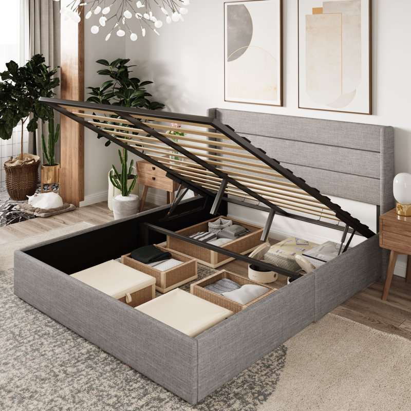 Braya Hydraulic Lift Up Storage Upholstered Platform Bed, Queen, Light Gray Linen