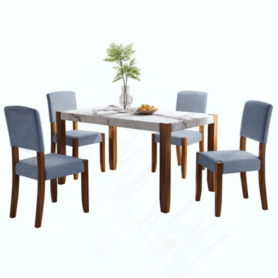 Ensemble de table de salle à manger 5 pièces pour 4 personnes, table de style faux marbre et 4 chaises rembourrées avec pieds en bois d'hévéa massif, siège rembourré, dossier incurvé, ensemble de coin-repas compact pour la salle à manger