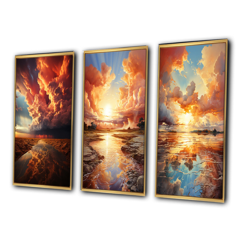 «Storm Clouds Mystical Embrace», 3 pièces sur toile, Encadrement doré, H 20 po x l 36 po