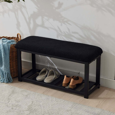 Banc de chambre à coucher, banc en tissu Teddy de 34 po avec tablette de rangement et pieds en bois, bancs de repose-pieds rembourrés, repose-pieds moderne pour le salon de l'entrée
