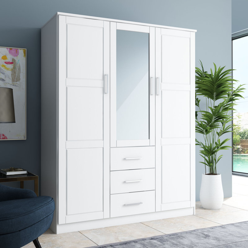 Aveah 100% Solid Wood Wardrobe Closet with Mirror, Drawers & Adjustable Shelves – Modern 3 Door Bedroom Armoire Storage Cabinet