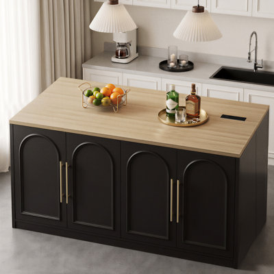Îlot de cuisine 63 po avec rangement, plateau en faux marbre et prise de courant, ports USB, armoire 4 portes