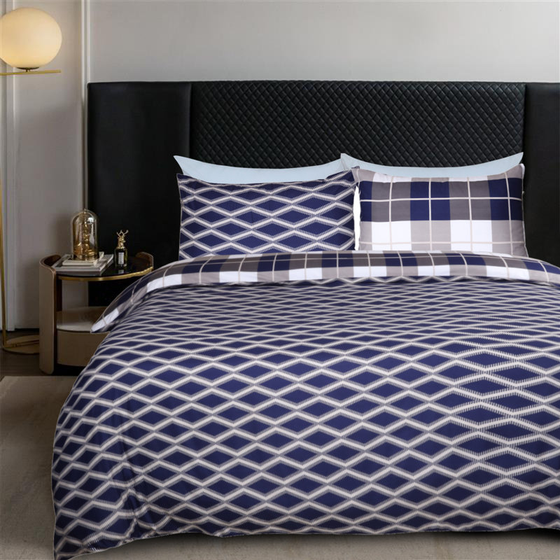 Ultra Soft Microfiber Dual Pattern Reversible Duvet Cover With Matching Pillow Covers, Navy Check