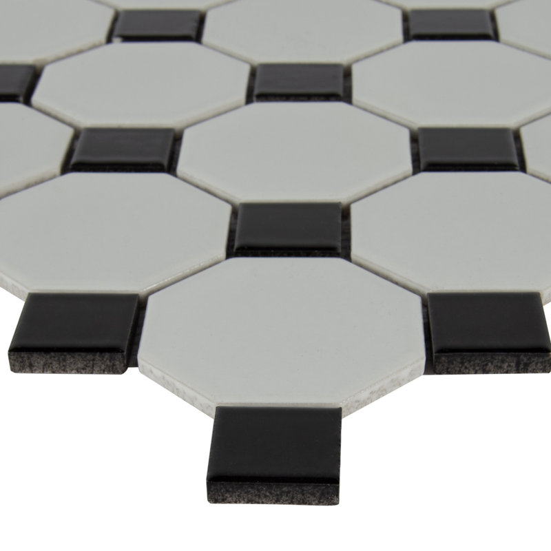 Ackland Silica White Octagon 12 in. x 12 in. Glossy Porcelain Mosaic Floor and Wall Tile