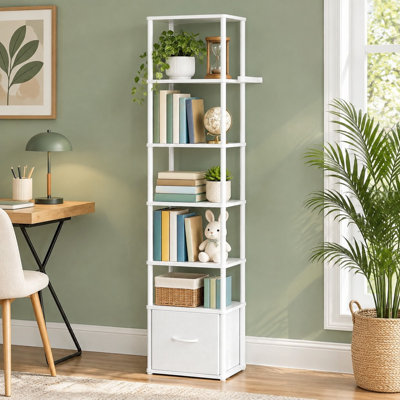 Un tiroir agrandit l'espace de rangement offert par cette bibliothèque étagère blanche à 6 niveaux pour les bureaux, les chambres à coucher, les bureaux ou les salons.