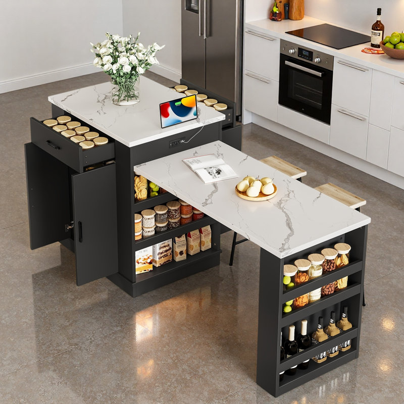 Îlot extensible avec prise de courant, tiroirs, rangement double et tablettes ouvertes