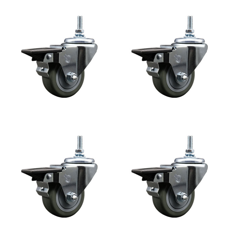 Ensemble de roulettes à tige filetée en polyuréthane 12 mm 3 pouces avec frein, H 8 po x l 8 po x P 8 po, Gris