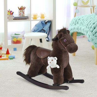 Kids Plush Ride-On Rocking Horse with Bear Toy, Children Chair with Soft Plush Toy & Fun Realistic Sounds, Brown（It is designed for single rider only.）