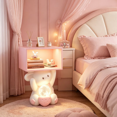 Table de chevet en résine et bois avec lampe de lune intégrée, table de chevet fantaisiste rose moderne avec rangement ouvert, décor décoratif pour la chambre à coucher