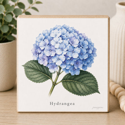 Mini bloc décoratif en bois carré de 14 cm, motif hortensia