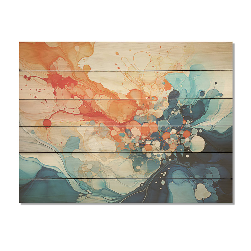 Encre orange et bleu sarcelle Essence, encre liquide abstraite sur bois de pin naturel, H 10 po x l 20 po