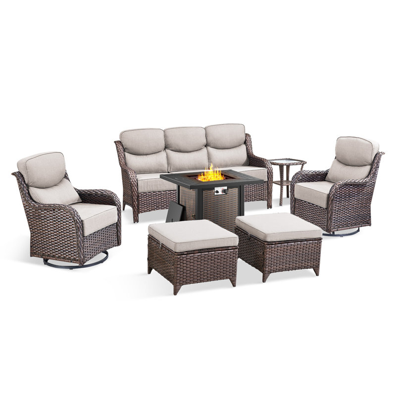 Heritage 7-Piece All-Weather Outdoor Wicker Patio Conversation Set With Square Metal Fire Pit Table, Swivel Gliders, Ottomans And Side Table