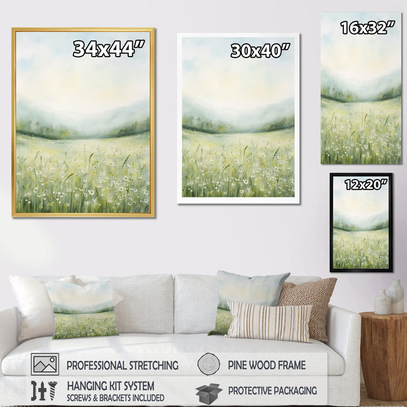 «Meadow Scenery Minimalisme Serenity», reproduction sur toile, Cadre simple blanc, H 32 po x l 16 po x P 1 po