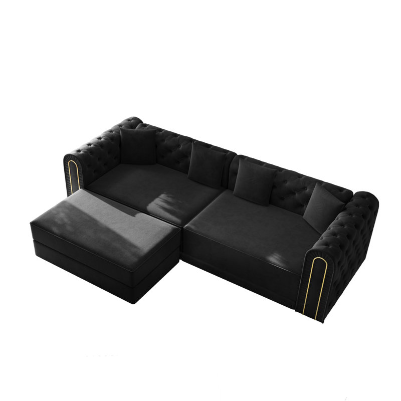 Canapé-lit moderne 90,6 po en velours noir 3-en-1 avec repose-pieds, pieds dorés et capitonnage à boutons, canapé modulaire à structure en bois