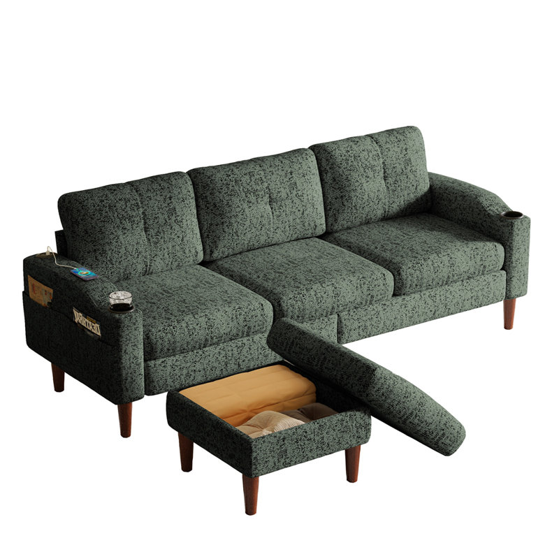 Canapé convertible en forme de L avec rangement et tabourets de pieds, confortable et moderne pour le salon