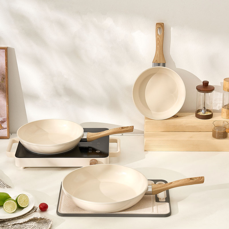 Ensemble de poêles à frire en aluminium 3 pièces 8 9,5 11 po beige pré-assaisonné