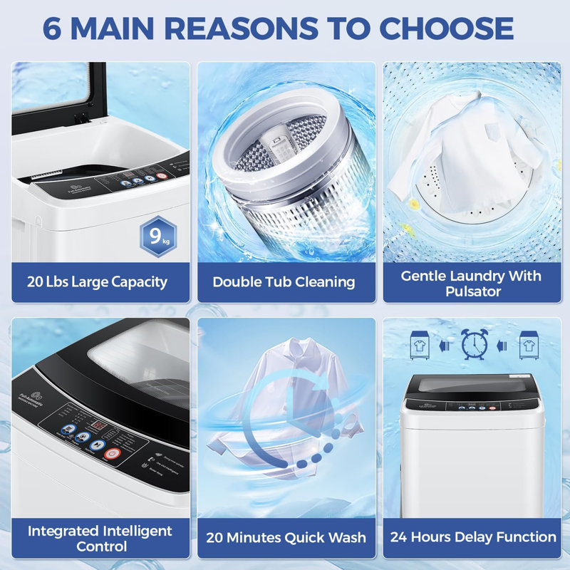 2.8Cu.Ft Portable Washing Machine With Glass Cover, 20Lbs Capacity Full-Automatic Portable Washer Machine, Washer And Dryer Combo With 10 Programs & 8 Water Levels For Apartment, Dorms, RV