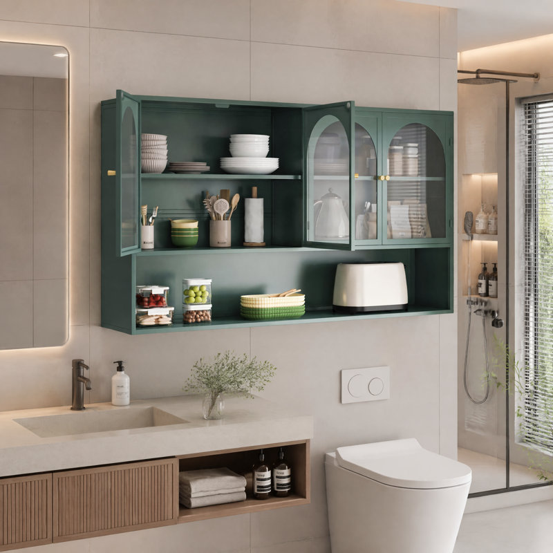 Armoire murale vitrée 47,25 "à quatre portes, vitrine pour cuisine, salon, salle de bain, Vert foncé