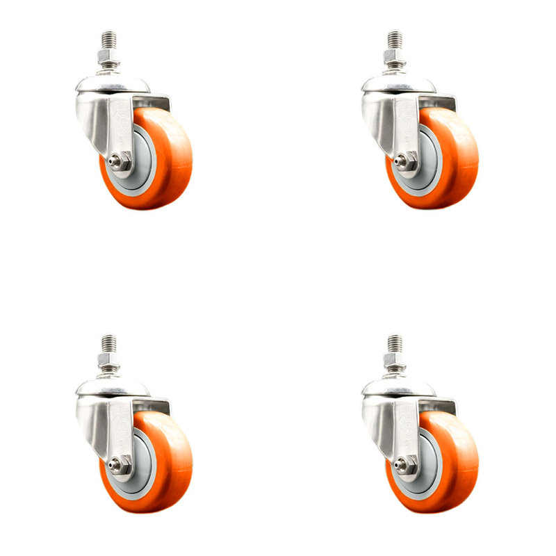 Ensemble de roulettes à tige filetée de 3,5 pouces en polyuréthane pivotant de 3,5 pouces de 3/8 pouce, Orange