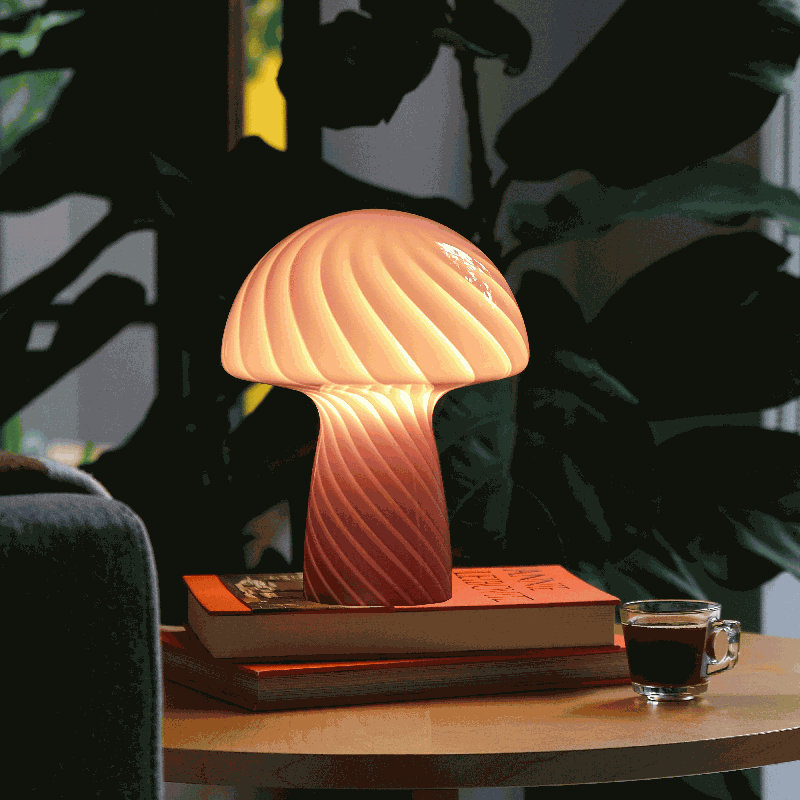 Glass Mushroom Table Lamp, Petite Close Top Jade Stripes, Bubblegum, Bubblegum
