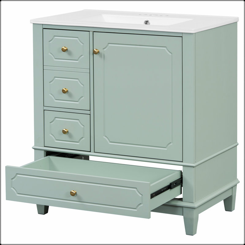 Meuble-lavabo autoportant avec lavabo, structure en bois massif, porte à fermeture en douceur, tiroirs multiples, tablettes de rangement, idéal pour les salles de bain pratiques et élégantes