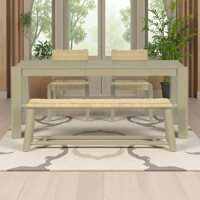 Extendable Farmhouse Dining Table Set for 4-8 - Rattan Chairs & Dual-Tone Finish, Child-Safe Compact Design, Champagne