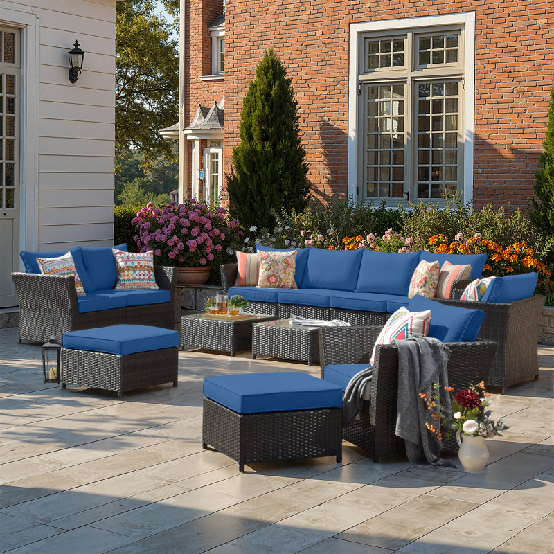 12-Piece Outdoor Rattan Wicker Modular Patio Conversation Set with Cushions, Navy Blue