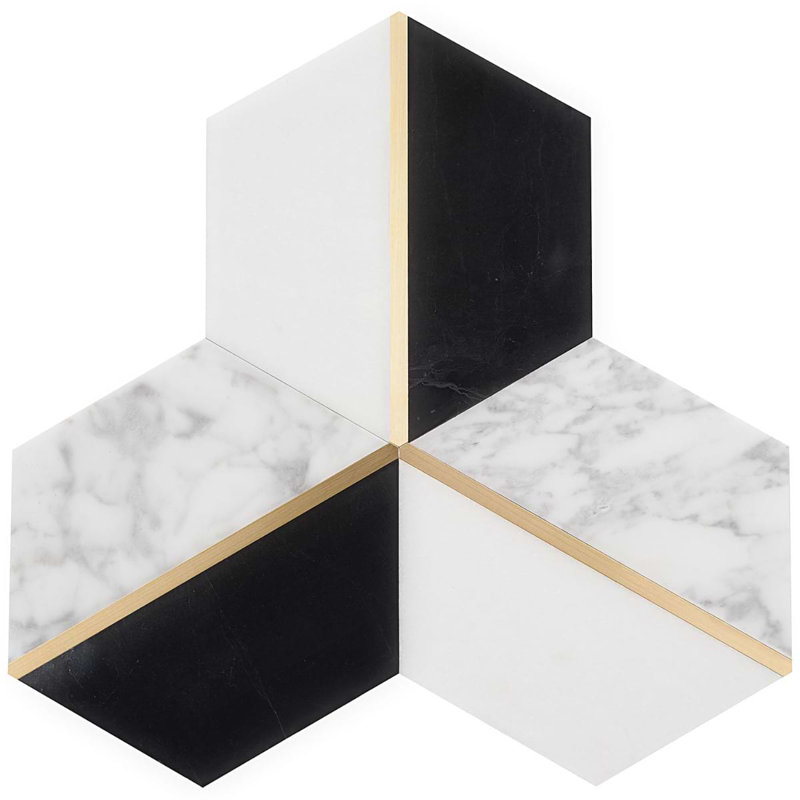 Decade 10x12 Hexagon Polished Marble and Brass Inlay Mosaic Tile, Nero Blanco