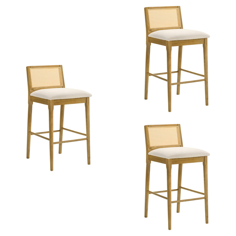 Tobias Coastal Modern Wood Bar Height Kitchen Bar Stool In Amber Glow Finish With White Boucle Fabric Upholstered Seat - Set Of 3