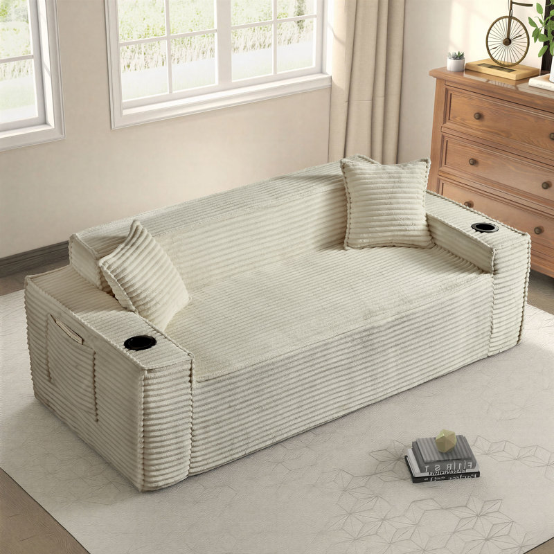 Boneless 80" Loveseat Sofa with Deep Seat – Spacious Corduroy Compression Cloud Couch for Bedroom, Dorm, Apartment, Camel