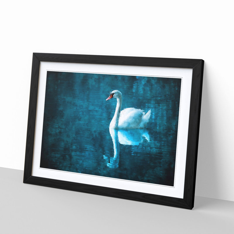 White Swan On A Blue Lake - Picture Frame Painting Print, Black, 45cm H x 63cm W x 2cm D