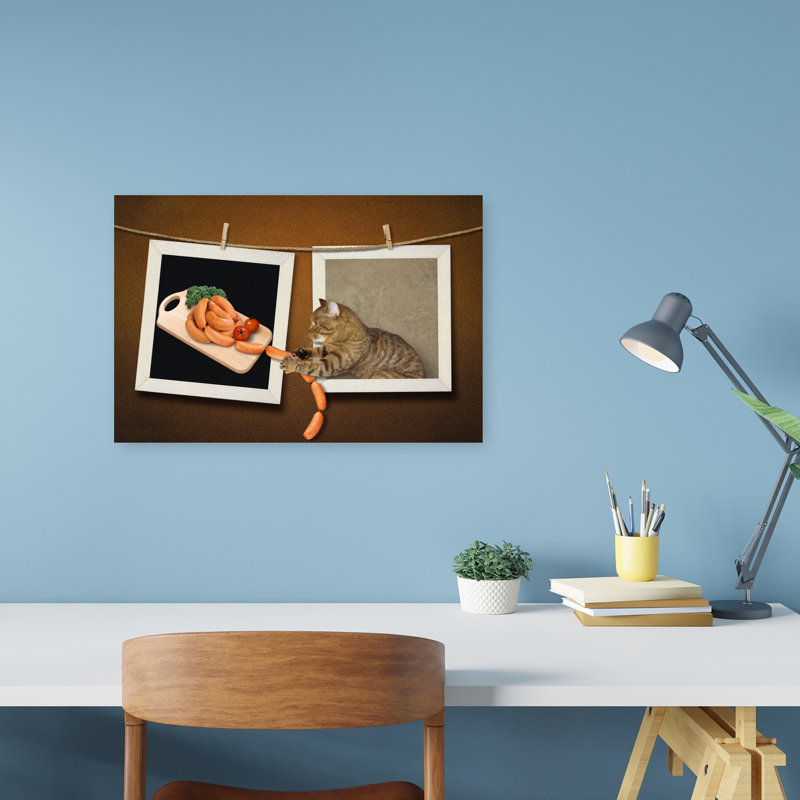 Cat Steals Sausages Playful Contemporary Cat Wall Art Print, 30.48cm H x 45.72cm W