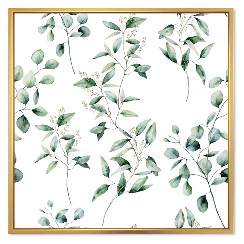 «Eucalyptus Branches On White I», reproduction d'art sur toile traditionnelle, Cadre flottant doré