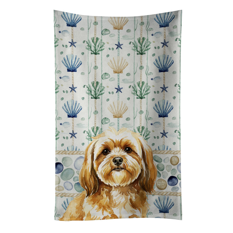 Gold Lhasa Apso Coastal Sea Glass Kitchen Towel, Gold Lhasa Apso