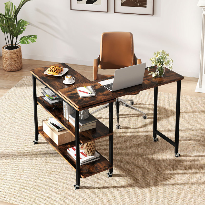 Ercan L-Shaped Metal Base Writing Desk, Rustic Brown/Black