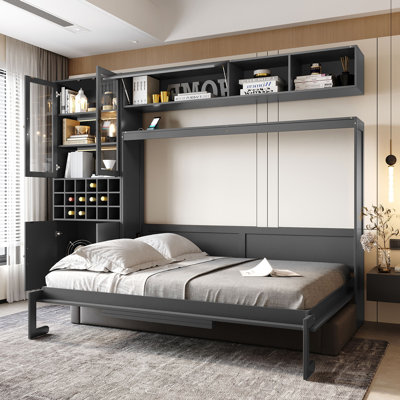 Lit escamotable double pleine grandeur avec canapé, tablettes USB et lumière, gris