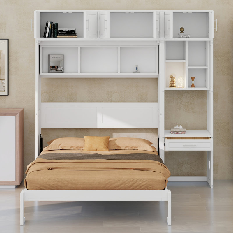 Lit escamotable compact avec rangement pour bureau, armoire et tablette, conception peu encombrante