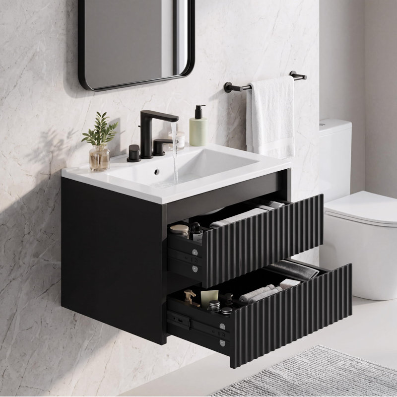 Meuble-lavabo mural 24 po avec lavabo en céramique, armoire flottante cannelée moderne, tiroirs doubles à fermeture en douceur et 3 trous pré-percés