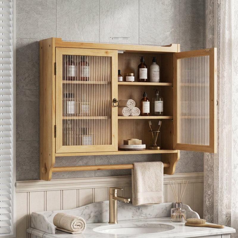Vintage Ribbed Glass Wall Cabinet with Towel Bar, 3-Tier Bathroom Storage Cabinet, Natural