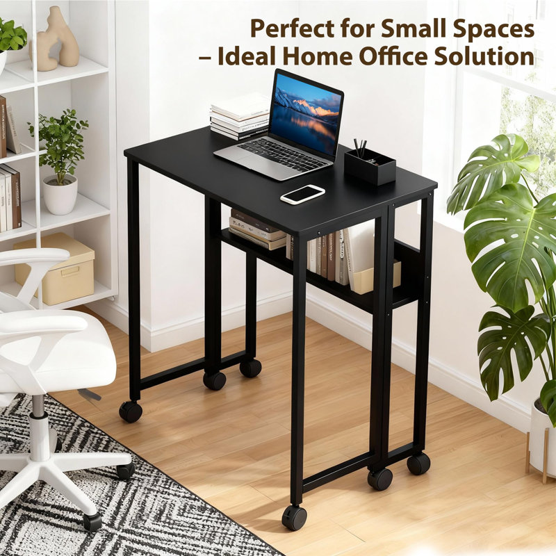 Table d'ordinateur pliante 24,8 pouces avec roulettes et tablette de rangement pour petits espaces, Noir