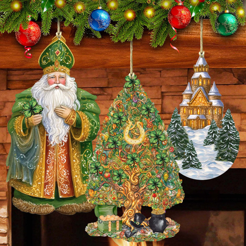 3 Piece Irish-Inspired Santa Wooden Ornaments
