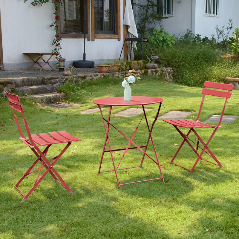 Iron Table And Folding Chair Set, 2 - Person Round Outdoor Dining Set, Red
