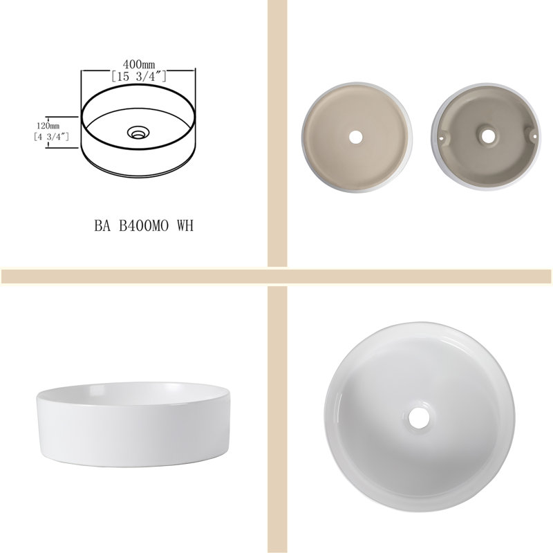 16" Ceramic Vessel Bathroom Sink, Gloss White