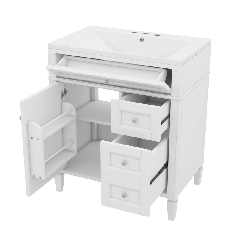 Meuble-lavabo moderne de 30 pouces avec lavabo supérieur, 2 tiroirs et un tiroir à ouverture frontale, Blanc, Argent argent